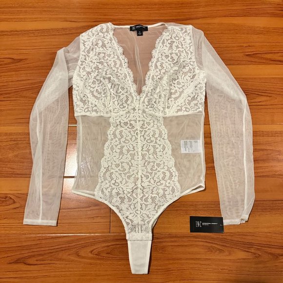 NWT INC Intimates Lingerie Lace Bodysuit Bridal White Long Sleeves Size Medium - Picture 2 of 13